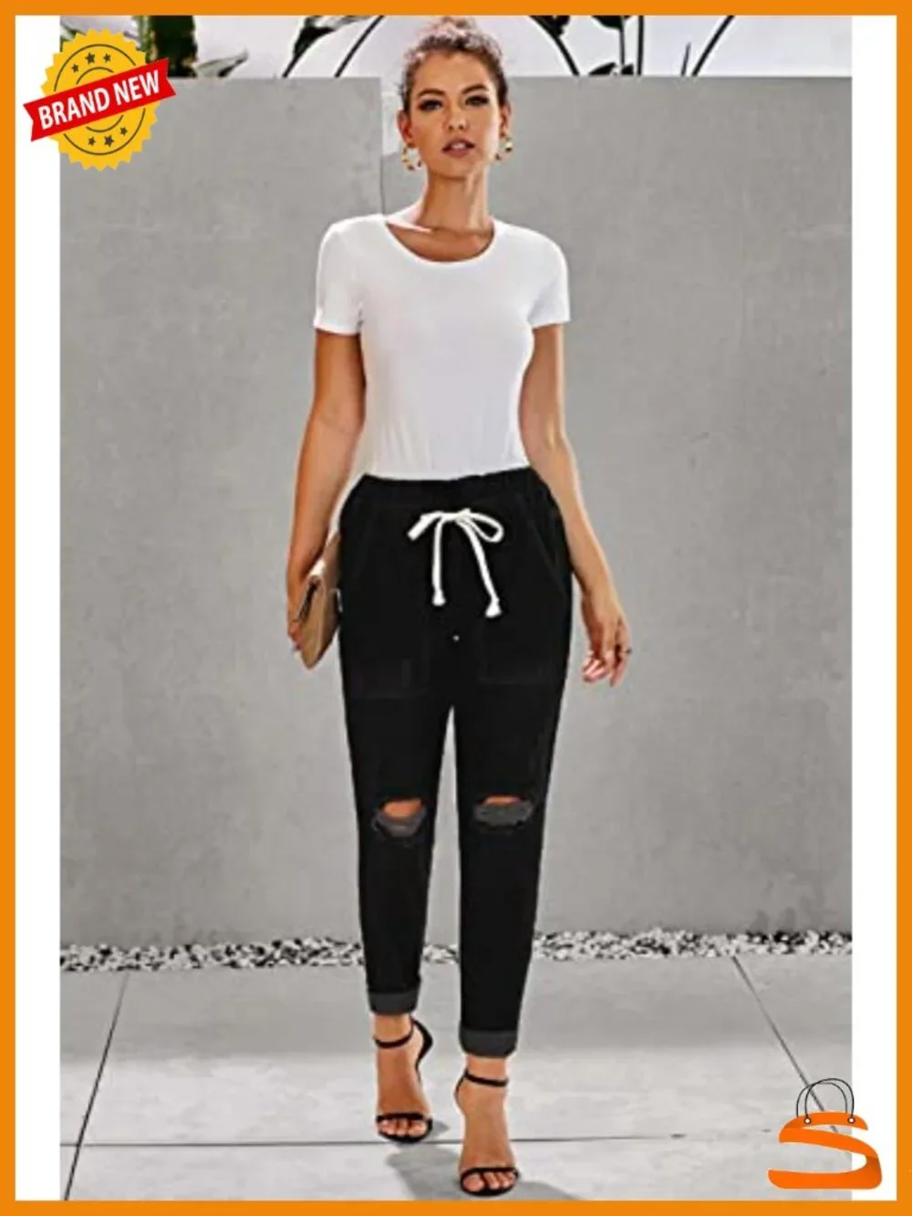 Women's Casual Pull-on Distressed Stretch Denim Joggers Elastic Waist Pants